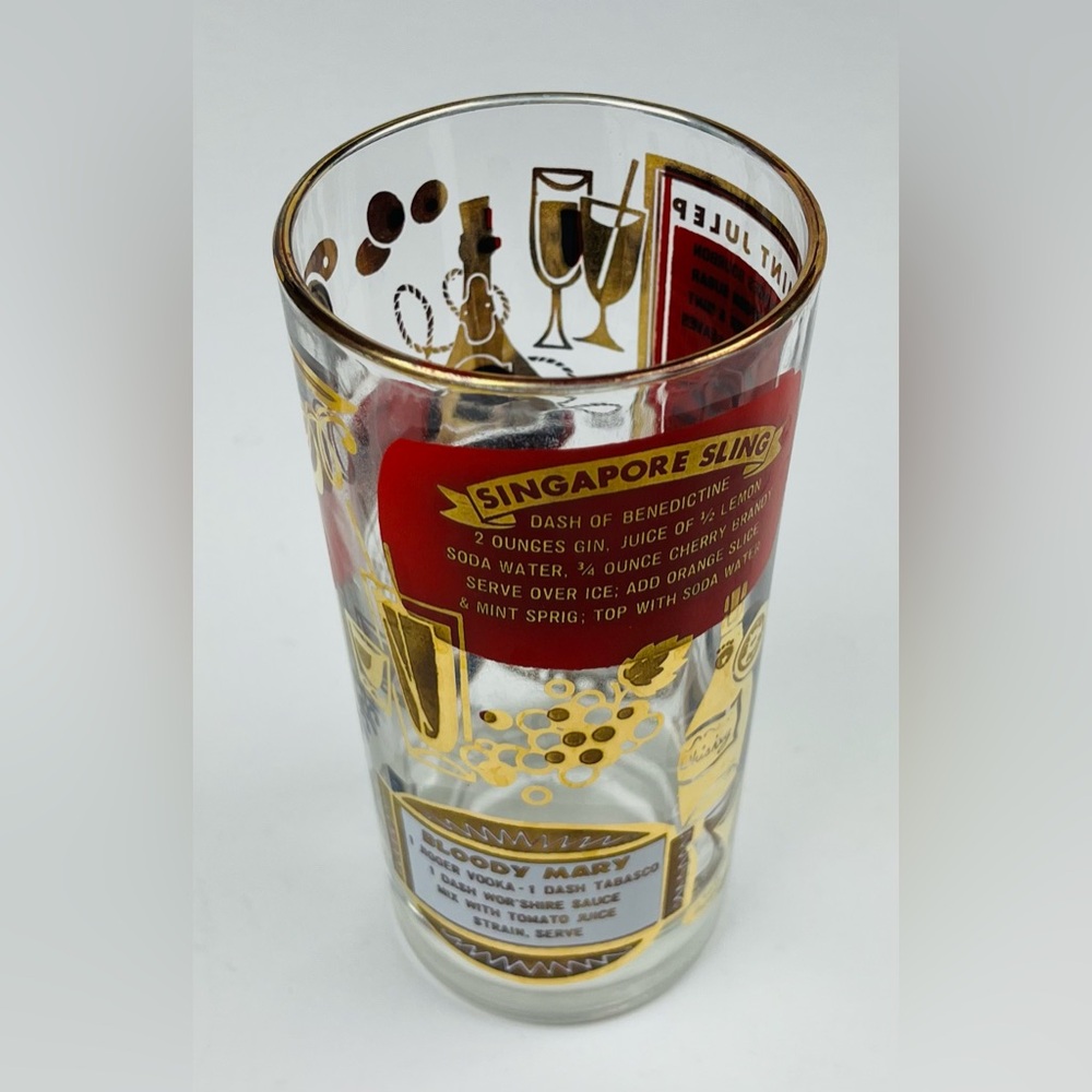 Vintage MCM Bartending Drink Mixing Recipe Glass Gold Details